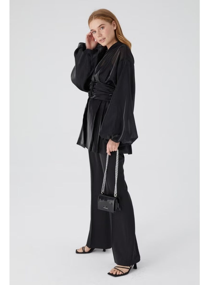 Manuka Satin Flare Leg Trousers Black - Image 3